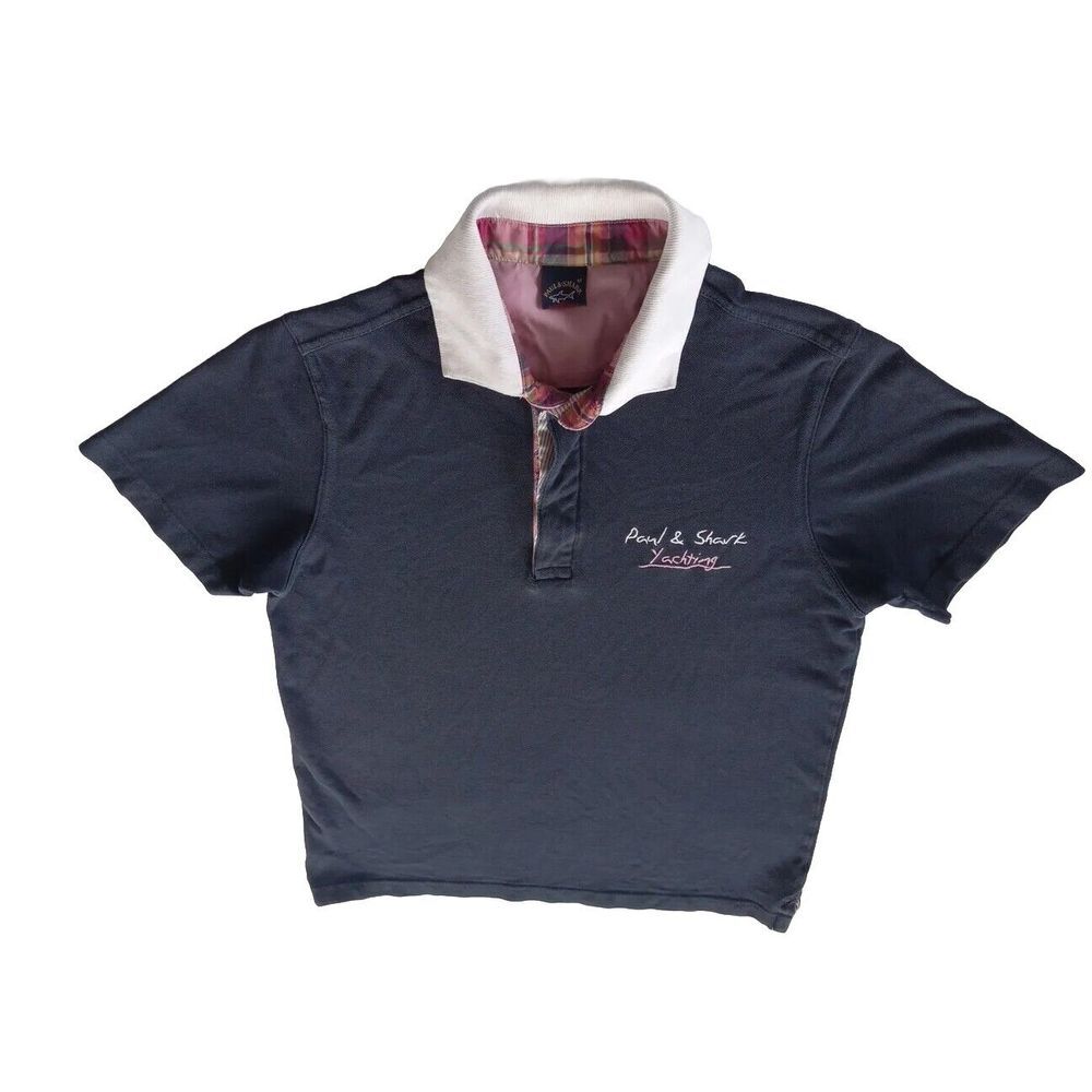 Paul & Shark Women Medium Short Sleeve Button Up Knit Polo Navy Blue Embroider